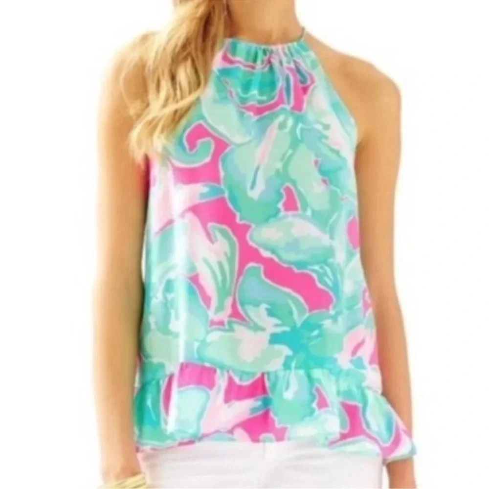 Lilly Pulitzer Millie Silk Halter Top Ruffle Hem Top